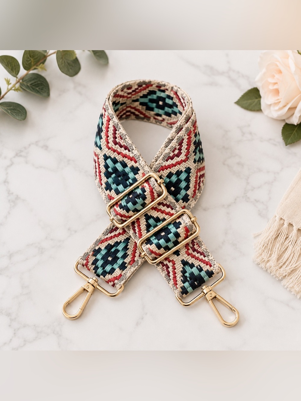 Woven Aztec Pattern Adjustable purse in Teal and Red